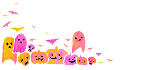 Cute Halloween Pumpkins, bats, Ghost Card orange pink, Aesthetic Neon Handmade painting white background