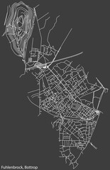 Detailed negative navigation white lines urban street roads map of the FUHLENBROCK DISTRICT of the German regional capital city of Bottrop, Germany on dark gray background