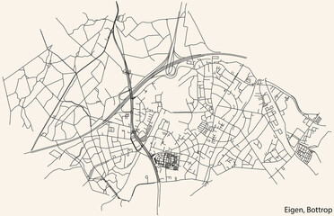 Detailed navigation black lines urban street roads map of the EIGEN DISTRICT of the German regional capital city of Bottrop, Germany on vintage beige background