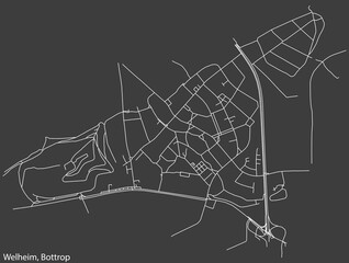 Detailed negative navigation white lines urban street roads map of the WELHEIM DISTRICT of the German regional capital city of Bottrop, Germany on dark gray background