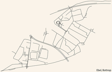 Detailed navigation black lines urban street roads map of the EBEL DISTRICT of the German regional capital city of Bottrop, Germany on vintage beige background