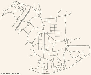 Detailed navigation black lines urban street roads map of the VONDERORT DISTRICT of the German regional capital city of Bottrop, Germany on vintage beige background