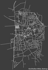 Detailed negative navigation white lines urban street roads map of the KIRCHHELLEN-MITTE DISTRICT of the German regional capital city of Bottrop, Germany on dark gray background