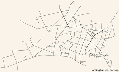Detailed navigation black lines urban street roads map of the HARDINGHAUSEN DISTRICT of the German regional capital city of Bottrop, Germany on vintage beige background