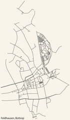 Detailed navigation black lines urban street roads map of the FELDHAUSEN DISTRICT of the German regional capital city of Bottrop, Germany on vintage beige background