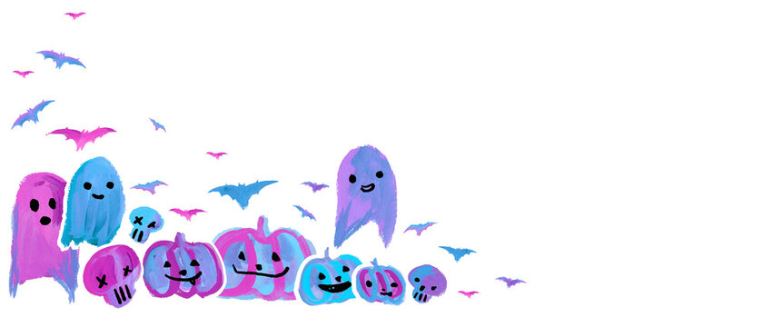 Cute Halloween Pumpkins, bats, Ghost Card pink blue Aesthetic Neon Handmade painting white background