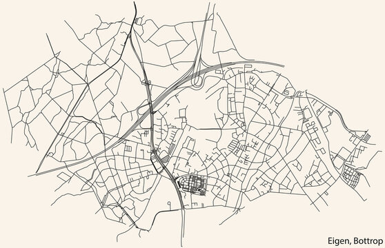 Detailed navigation black lines urban street roads map of the EIGEN DISTRICT of the German regional capital city of Bottrop, Germany on vintage beige background