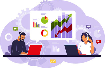 Data analysis and marketing concept. People analysts working with data on dashboard. 
