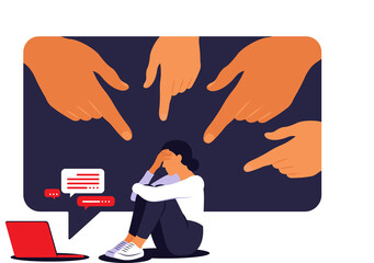Cyber bullying concept. Depressed woman sitting on the floor. Opinion and the pressure of society. Shame. 