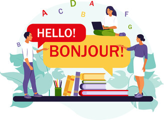 Online multi language translator. People using online translation app. 