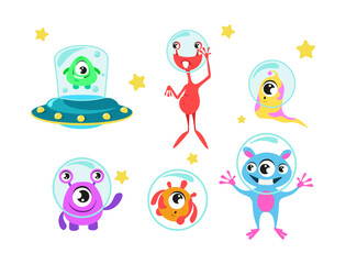 Set of colorful aliens in cartoon style. Vector illustration of interesting aliens in an aquarium helmet and ufo on white background.