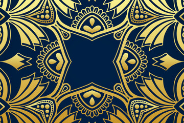 Dark blue background, ethnic vintage cover design. Geometric decorative golden pattern, place for text, boho style. Abstract tribal ornaments of East, Asia, India, Mexico, Aztec, Peru.