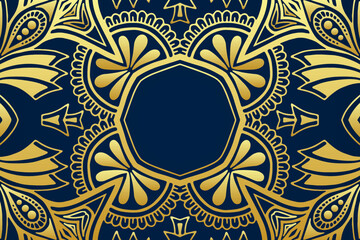 Dark blue background, ethnic vintage cover design. Geometric elegant golden pattern, place for text, boho style. Abstract tribal ornaments of East, Asia, India, Mexico, Aztec, Peru.