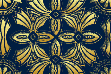 Dark blue background, ethnic vintage cover design. Geometric creative gold pattern, boho style. Abstract tribal ornaments of East, Asia, India, Mexico, Aztec, Peru.