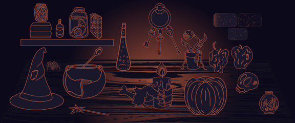Creepy Halloween table display in a dark spooky room lit by candle light. A selection of hand drawn witchy potions, artefacts and magical equipment. 