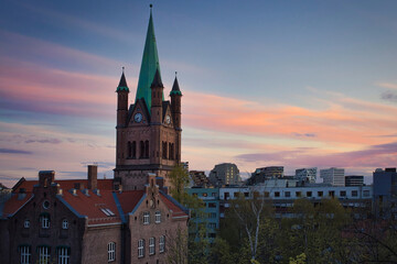 Sunset over Gr&oslash;nland chuch seen from Enerhaugen