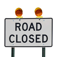 Road closed sign with orange lights isolated