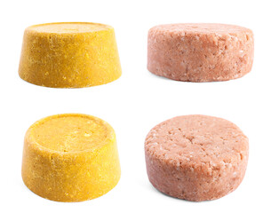 Set with solid shampoo bars on white background. Hair care