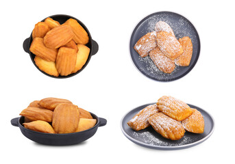 Set with delicious madeleine cakes on white background