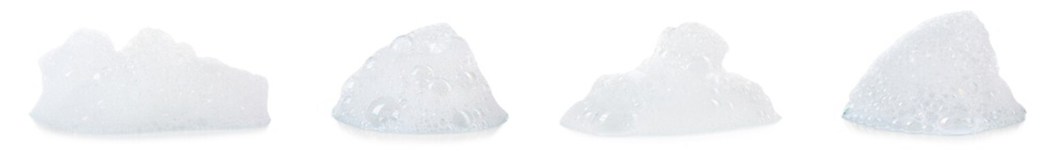 Set with fluffy bath foam on white background. Banner design