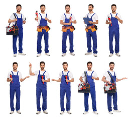 Obraz premium Collage with photos of professional plumber on white background