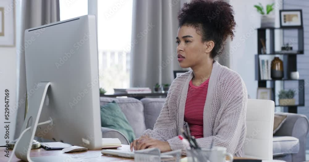 Sticker Woman freelance worker on a computer thinking and typing while contemplating an idea at home. Research and planning for an online course or entrepreneur typing a blog for a startup online website