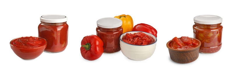 Set with delicious canned lecho on white background. Banner design