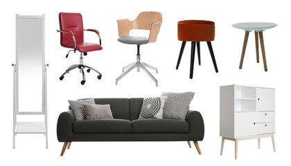 Collection of different stylish furniture on white background