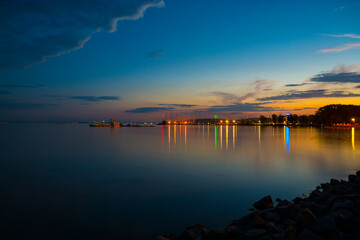 Beach of Balatonkenese at night in Hungary
