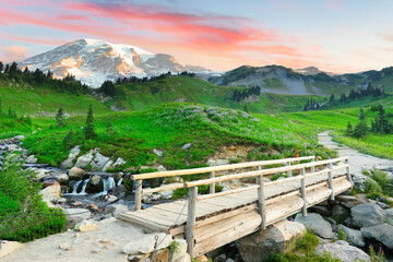 Beautiful sunrise over Mt rainier with green meadow and wood bridge in foreground in Mt Rainier National Park, Washington, USA.