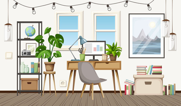 Cozy Scandi room interior with a desk, shelving, a big painting, hanging lamps, and houseplants. Home office interior design. Cartoon vector illustration