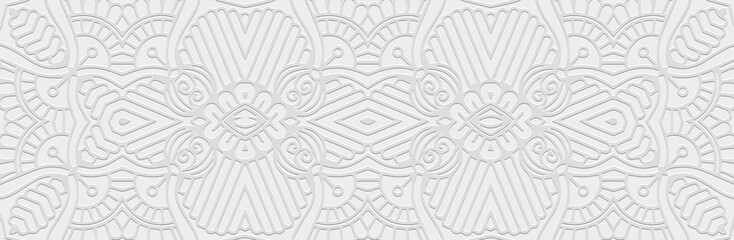 Banner, cover design. Embossed ethnic vintage 3d pattern on a white background, boho style, paper press. Tribal traditional ornaments of East, Asia, India, Mexico, Aztecs, Peru.