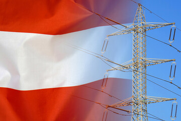 Austria flag on electric pole background. Power shortage and increased energy consumption in...