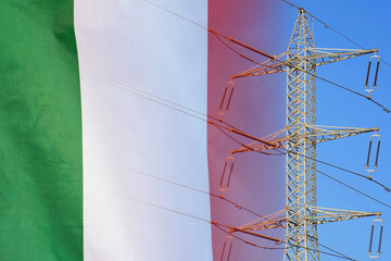 Italy flag on electric pole background. Power shortage and increased energy consumption in Italy....