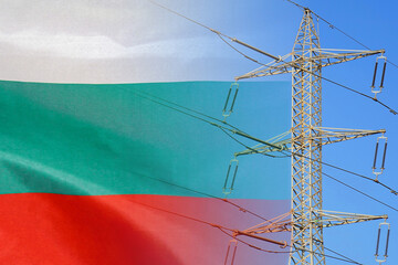 Bulgaria flag on electric pole background. Power shortage and increased energy consumption in...