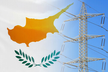 Cyprus flag on electric pole background. Power shortage and increased energy consumption in Cyprus....
