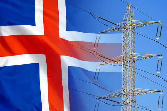 Iceland flag on electric pole background. Power shortage and increased energy consumption in Iceland. Energy crisis in Iceland - Powered by Adobe