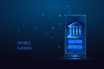 Concept of mobile banking with smartphone and bank building symbols in futuristic glowing style 