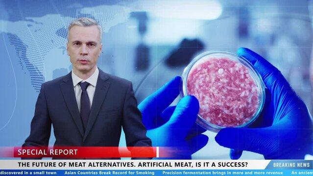 Live TV news program with male presenter who talking and reporting information about alternative artificial invitro meat and scientists