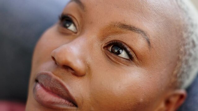 Relax Sleeping Girl On Sofa Waking Up From Peace And Wellness Nap On Home Living Room Couch Closeup. Face Of Black Woman Tired, Opening Eyes After Stress Relief Beauty Sleep, Dream Or Rest