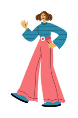 Cheerful women in retro 1960s clothes walking and waving hand. Mid-century modern fashion. Trendy vintage outfit. Striped top, flared trousers. Smiling character. Flat hand drawn cartoon vector style