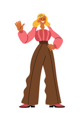 Cheerful blonde women in retro 1960s clothes standing and waving hand. Mid-century modern fashion. Trendy vintage outfit. Pink blouse, wide trousers. Smiling character. Flat hand drawn cartoon vector 