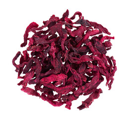 Dry beetroot isolated on the white background. Chopped dried beet. Top view.