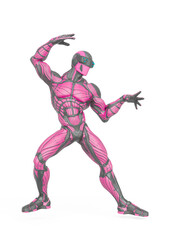 super hero is doing a dynamic fight pose in an exosuit