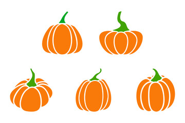 Orange Pumpkin. Set of silhouettes of different pumpkins. Black silhouettes of pumpkins. Isolated on white.