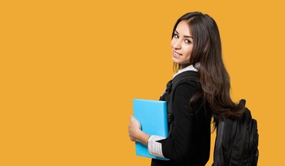 Smiling young girl student. Education in high school university college concept.