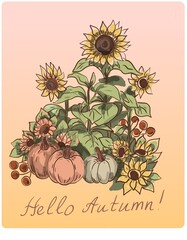 Autumn greeting card pumpkin sunflowers harvest vegetables leaves orange and brown color illustration hand drawn