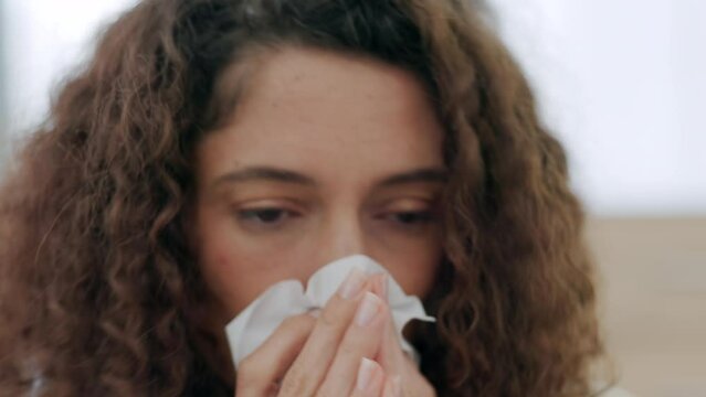 Flu, Sick And Cold Woman Sneezing, Blowing And Wiping Runny Nose With Tissues While Ill With Covid, Sinus And Allergy Symptoms At Home. Miserable Female In Isolation, Corona Virus And Health Problems