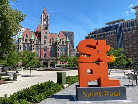 Saint Paul, Minnesota: Historic Landmark Center, originally served as United States Post Office, Courthouse, and Custom House, now arts and culture center. Downtown Rice Park, "Source" fountain.