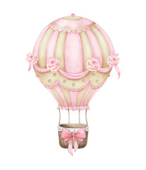 Pink hot air balloon with flowers..Watercolor illustration isolated on white background.